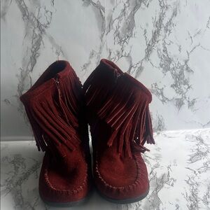 Fringed Suede Ankle Boots - Burgundy